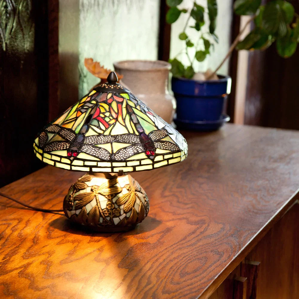 Copper Grove Carnach 10-inch Stained Glass Mini Dragonfly Lamp - 10"L x 10"W x 10.5"H