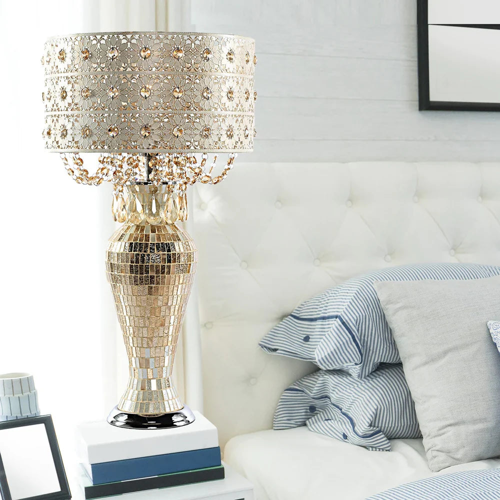 River of Goods Solvang Jeweled Metal/Mosaic Base Cascading Crystal Table Lamp - 14"L x 14"W x 25"H