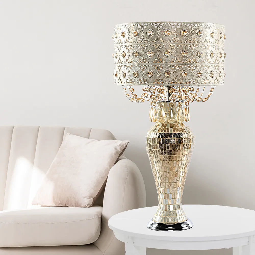 River of Goods Solvang Jeweled Metal/Mosaic Base Cascading Crystal Table Lamp - 14"L x 14"W x 25"H