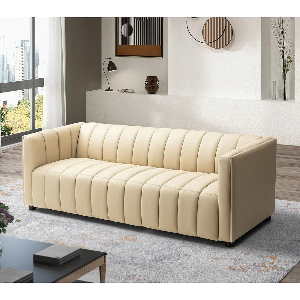 Olinto Modern Camel 83-inch Genuine Leather Curved Couch with Channel-tufted Back