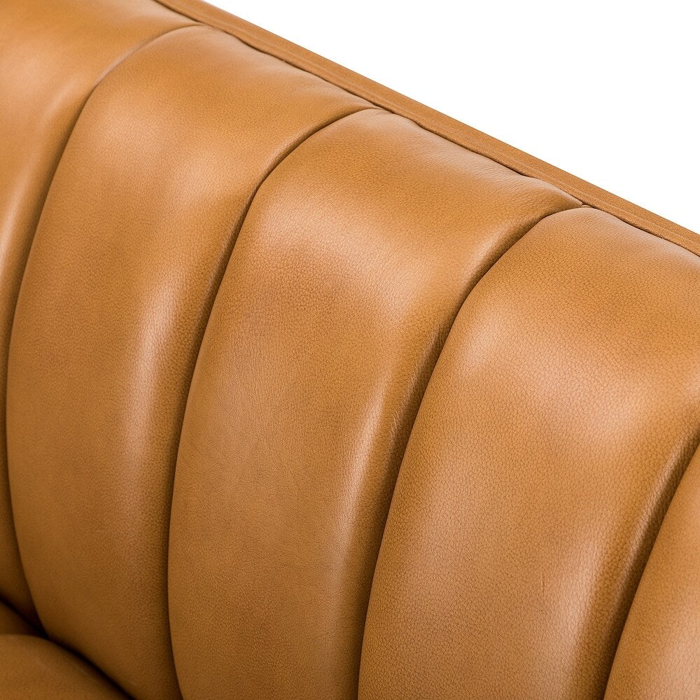 Olinto Modern Camel 83-inch Genuine Leather Curved Couch with Channel-tufted Back