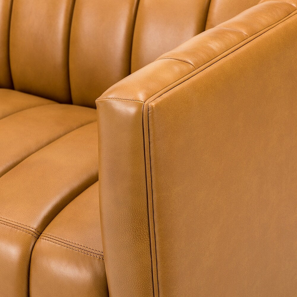 Olinto Modern Camel 83-inch Genuine Leather Curved Couch with Channel-tufted Back