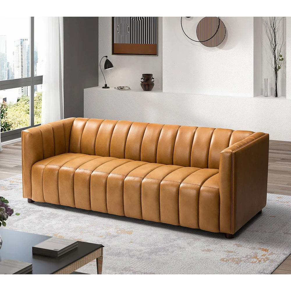 Olinto Modern Camel 83-inch Genuine Leather Curved Couch with Channel-tufted Back