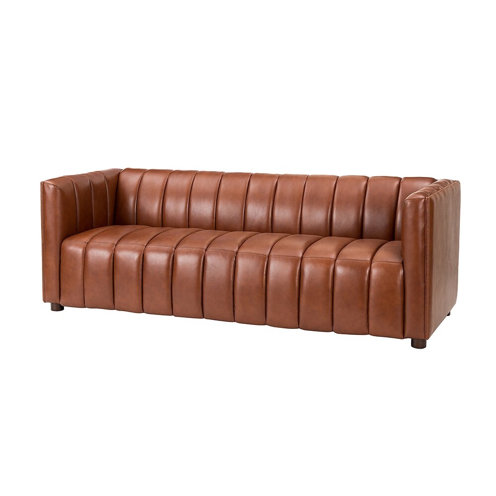 Olinto Modern Camel 83-inch Genuine Leather Curved Couch with Channel-tufted Back
