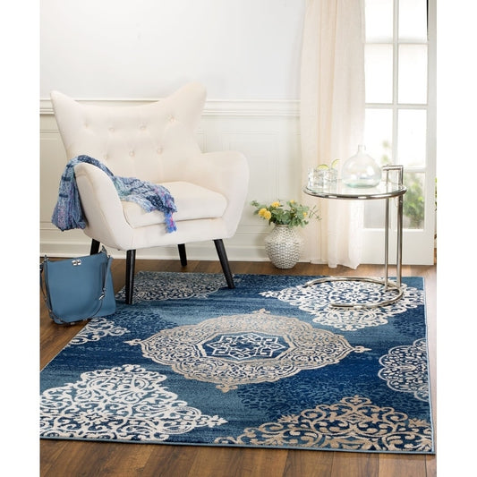 Traditional Floral Navy Blue White Area Rugs