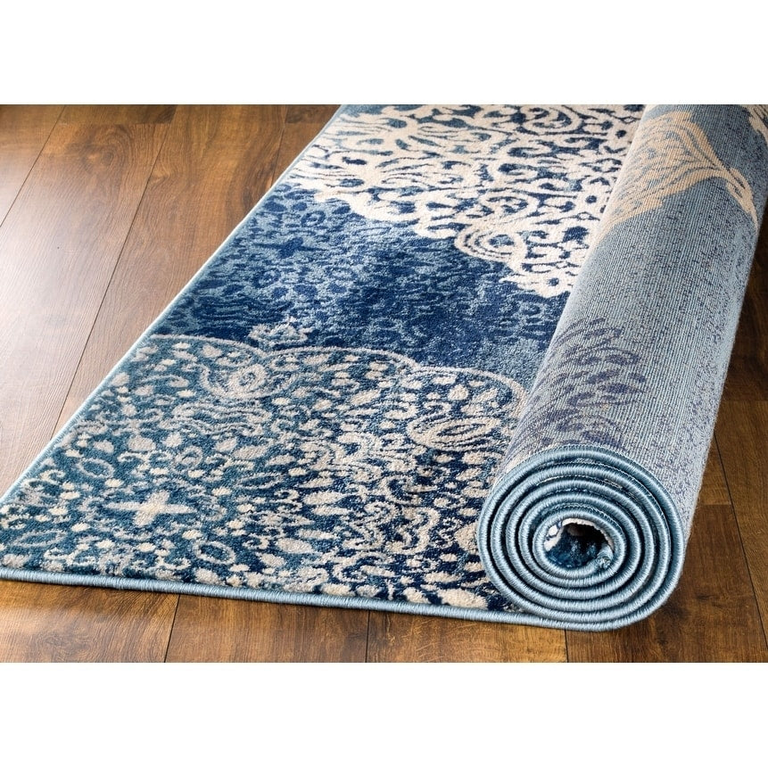 Traditional Floral Navy Blue White Area Rugs