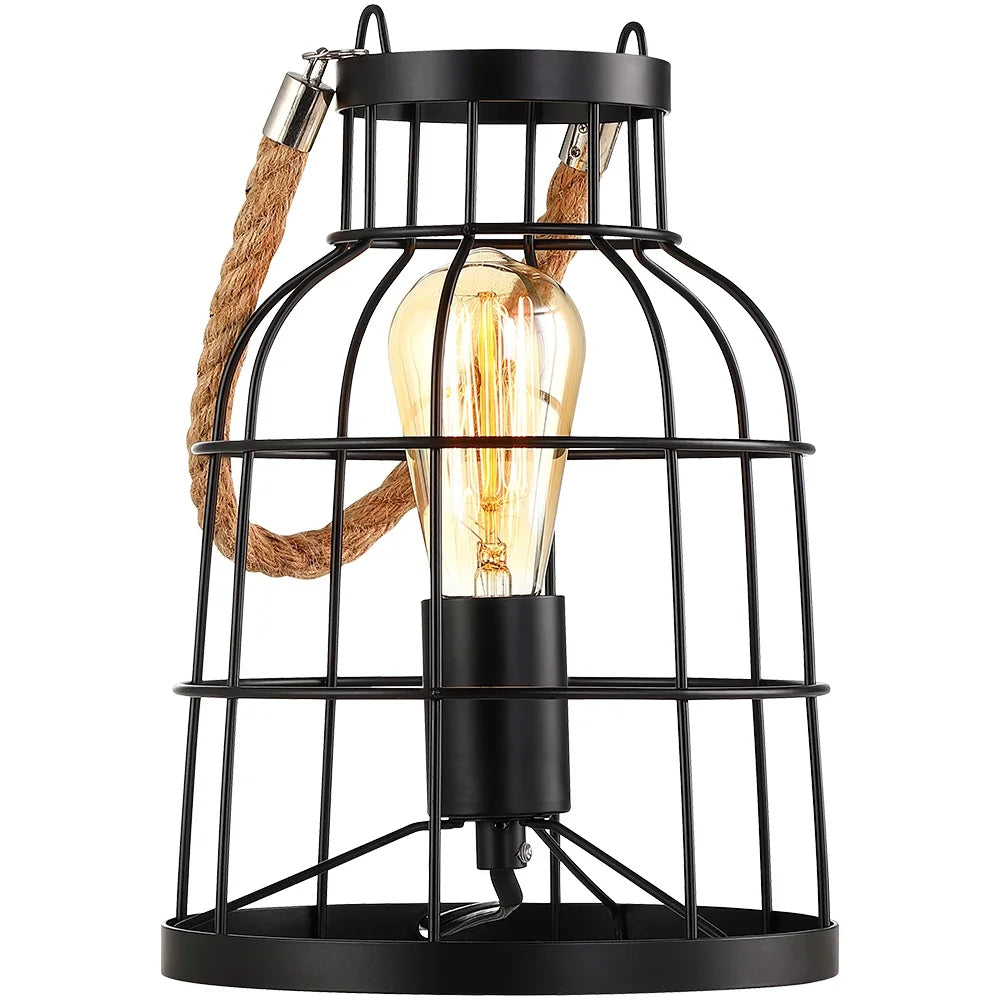 Rustic Black Small Accent Uplight Table Lamp with Jute Rope Handle - 10.6"H