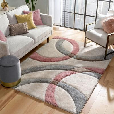 Modern Geometric Arcs & Shapes Shag Blush Grey 3D Textured Thick & Soft Shag Area Rug