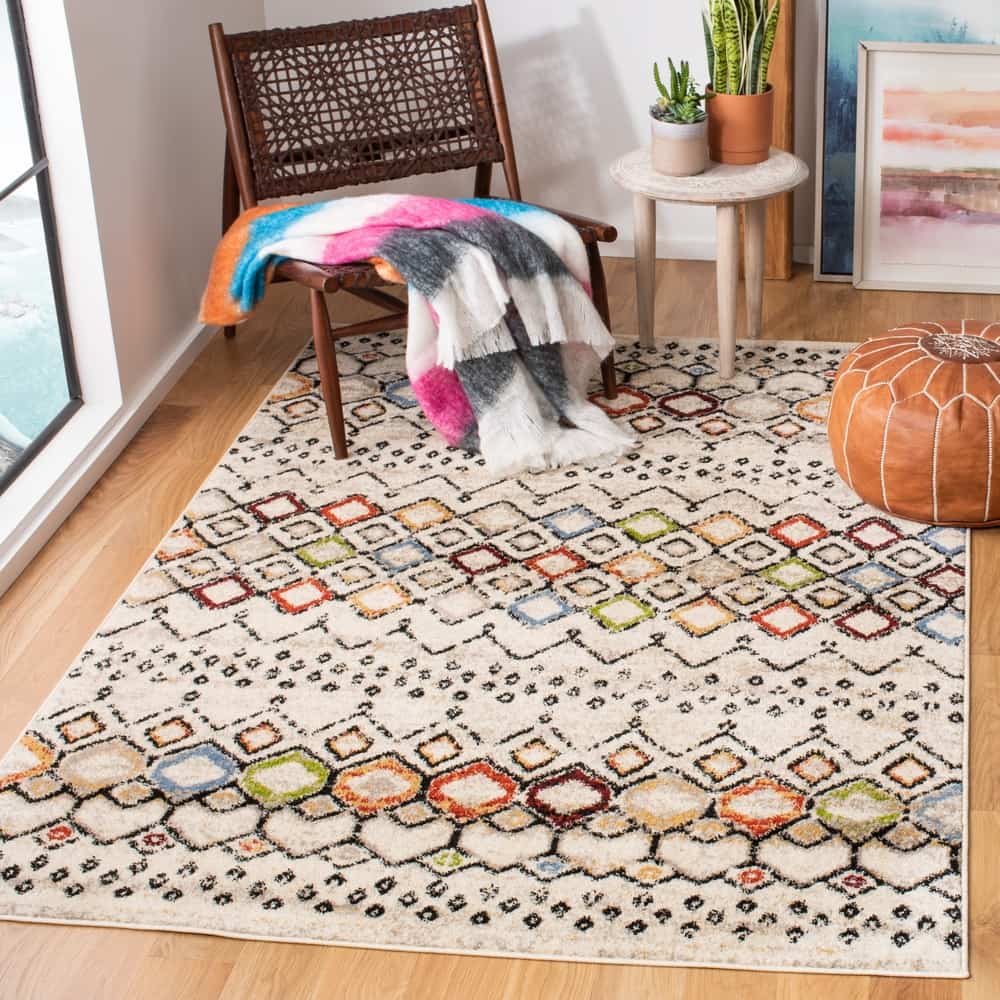 Modern Moroccan Pattern Ivory Multi-Color Area Rug