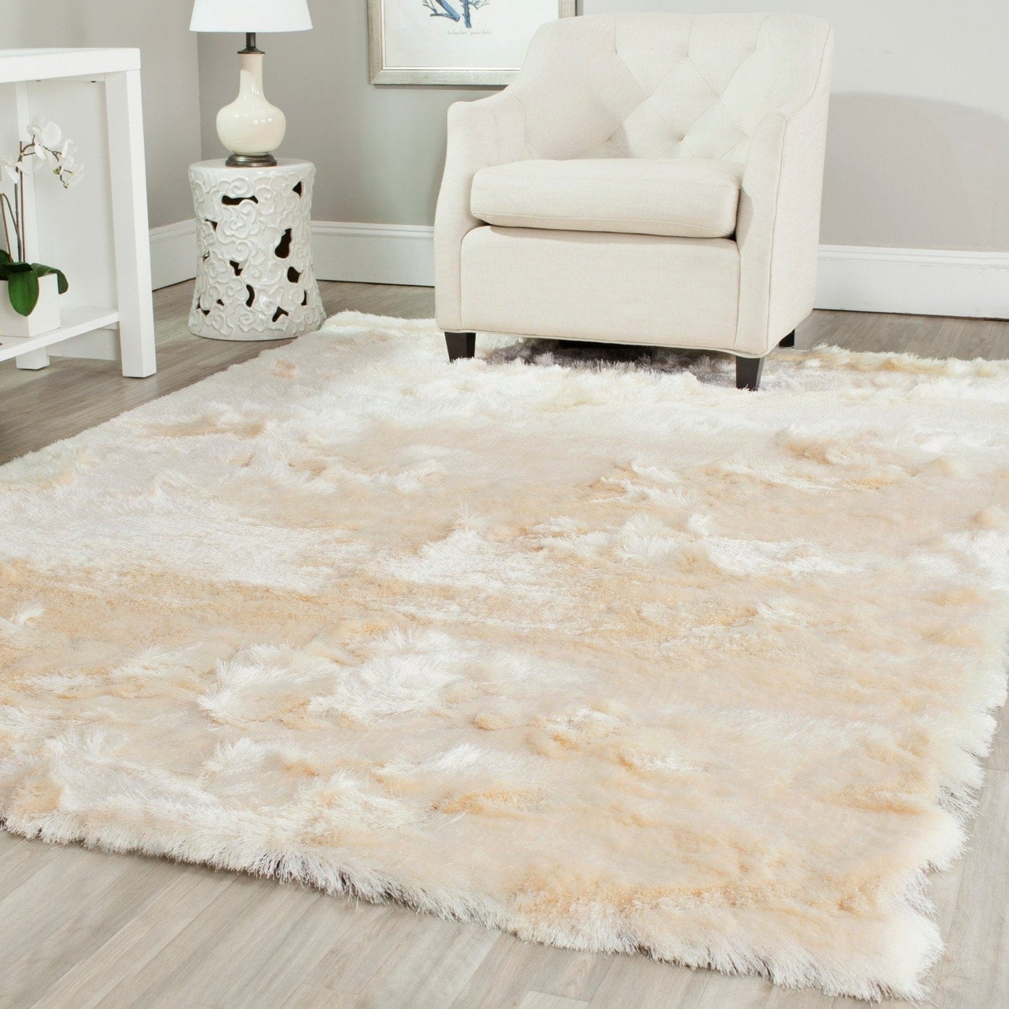 Premium Handmade Silken Ivory Plush Shag Area Rug