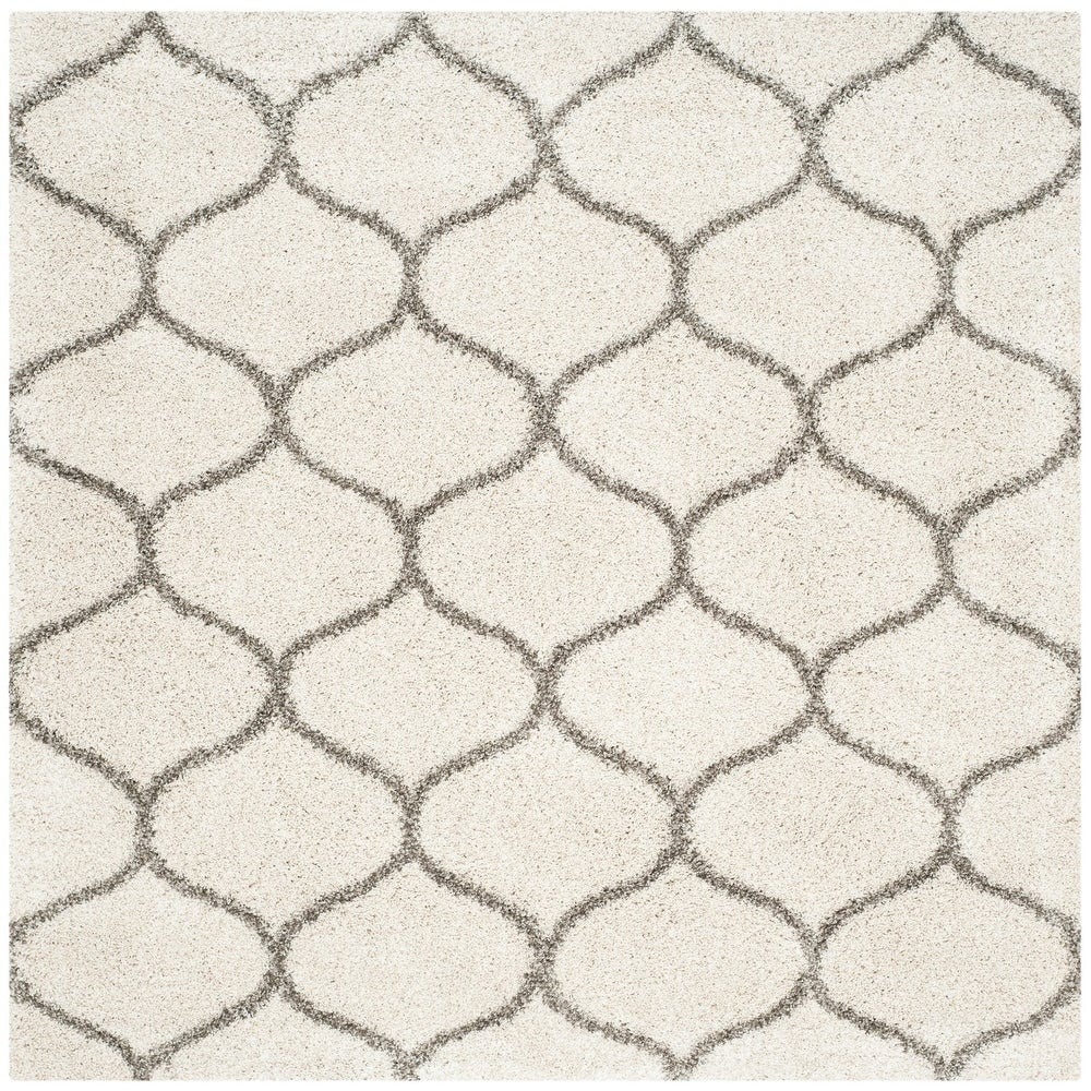 Moroccan Pattern Ivory Grey Plush Shag Area Rug