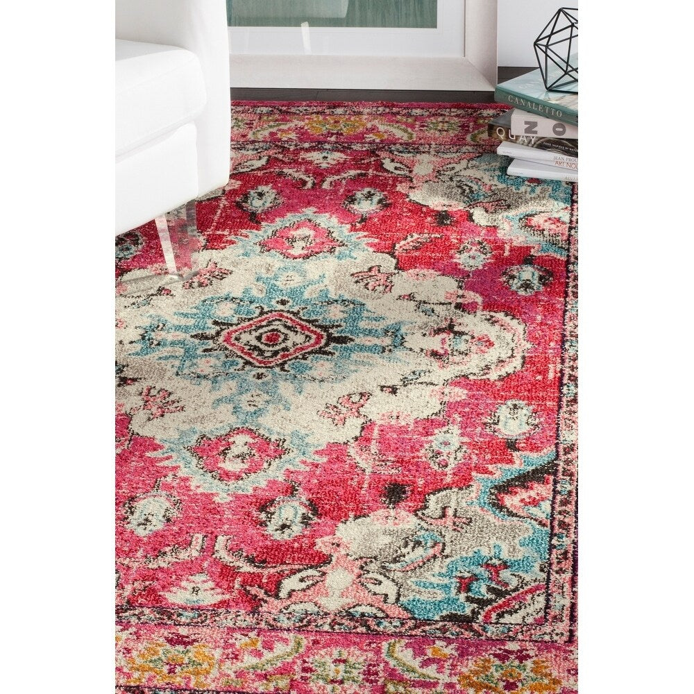 Distressed Pink Multi Blue Soft Area Rug