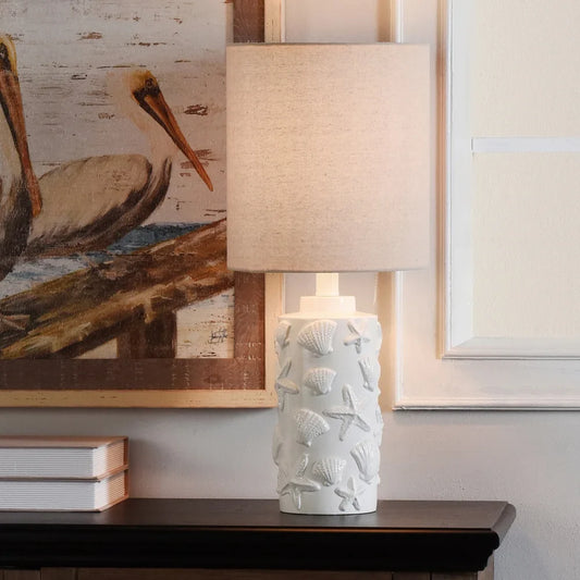 StyleCraft Seashell Motif White Table Lamp - White Hardback Fabric Shade