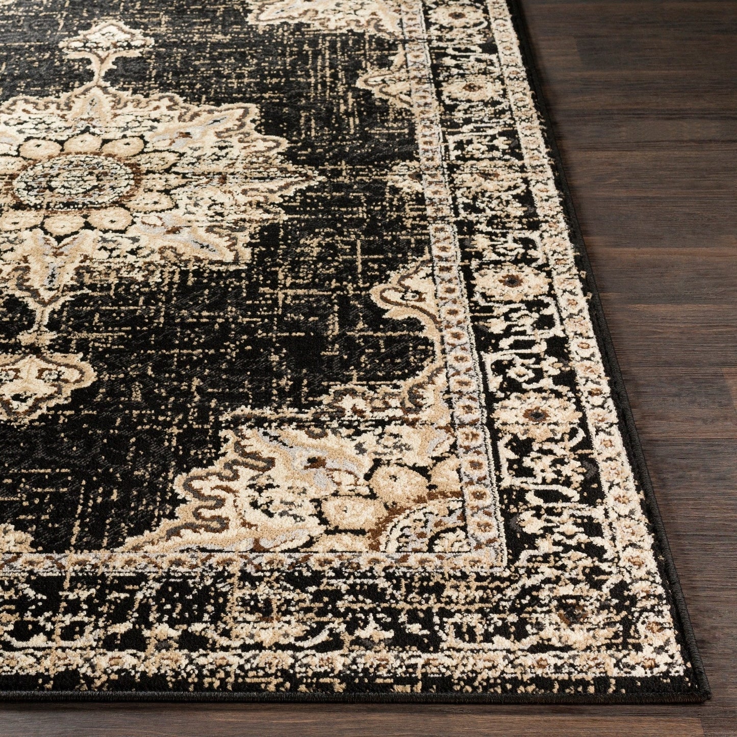 Traditional Medallion Distressed Black Beige Area Rug