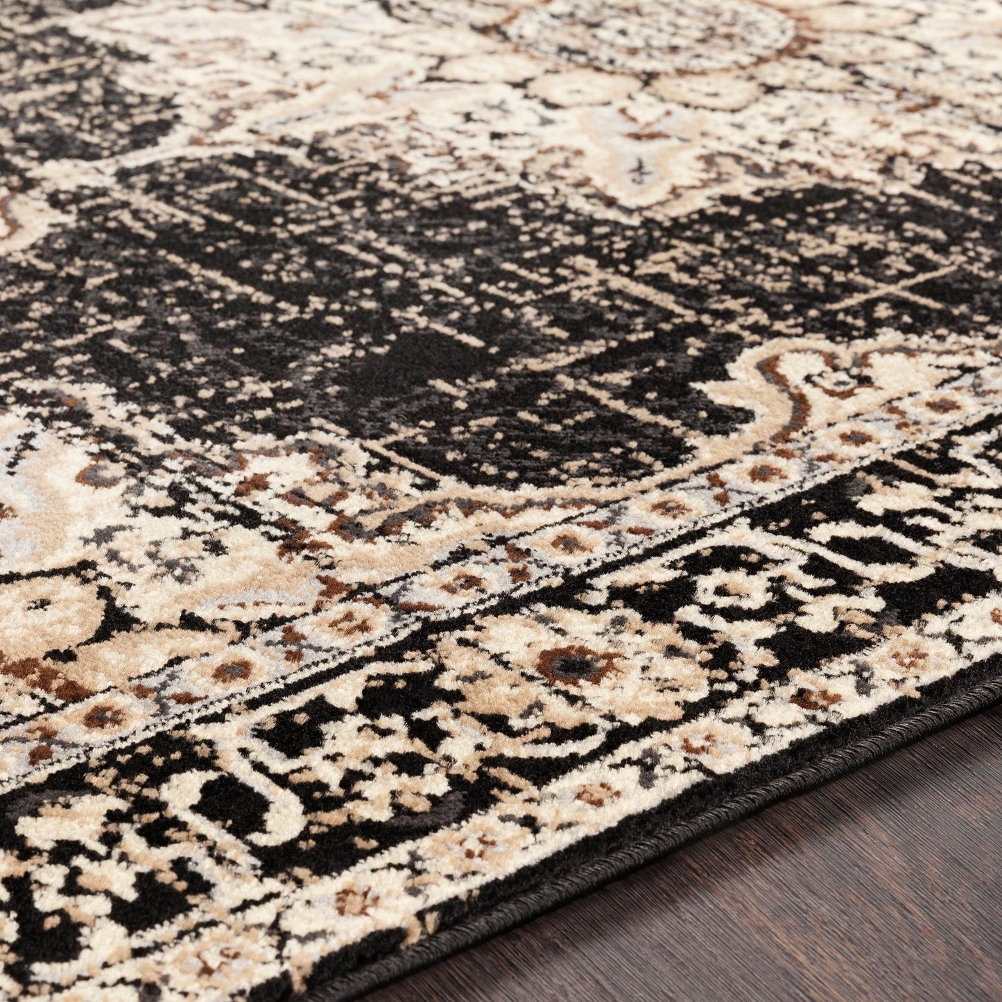 Traditional Medallion Distressed Black Beige Area Rug