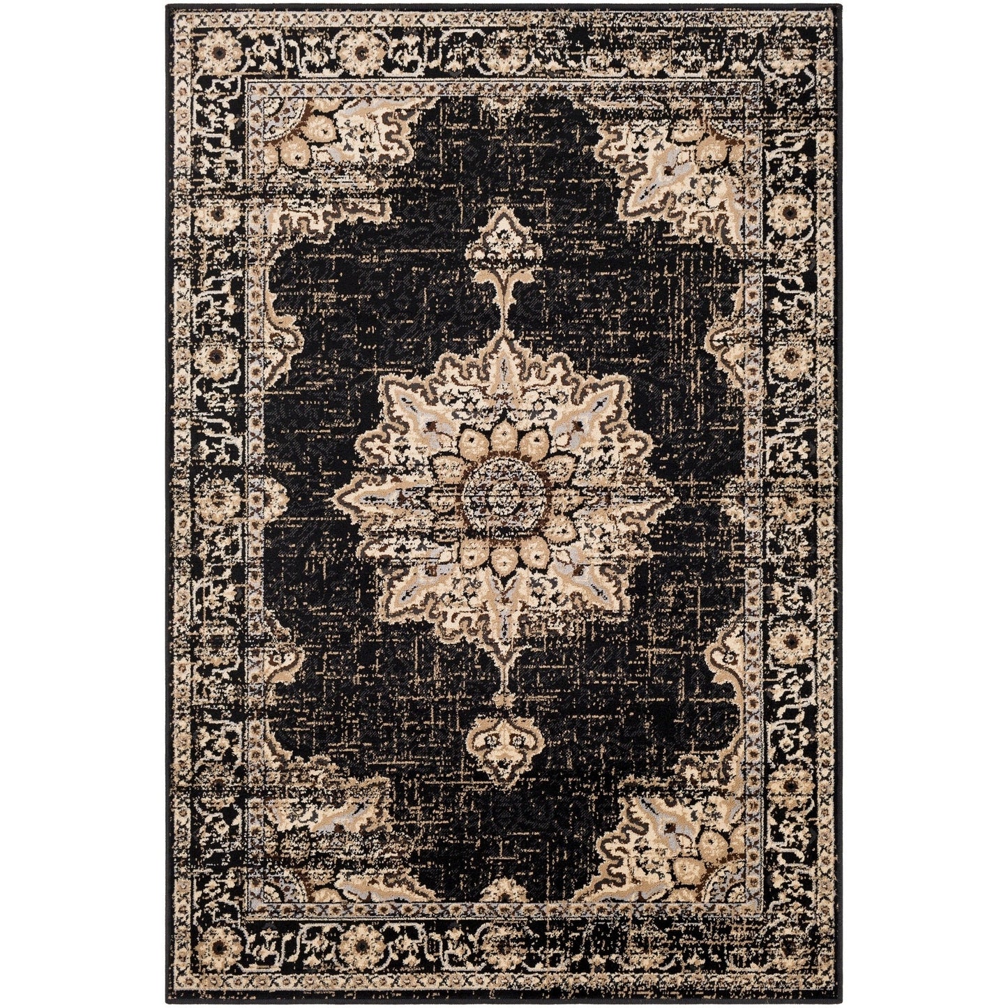 Traditional Medallion Distressed Black Beige Area Rug