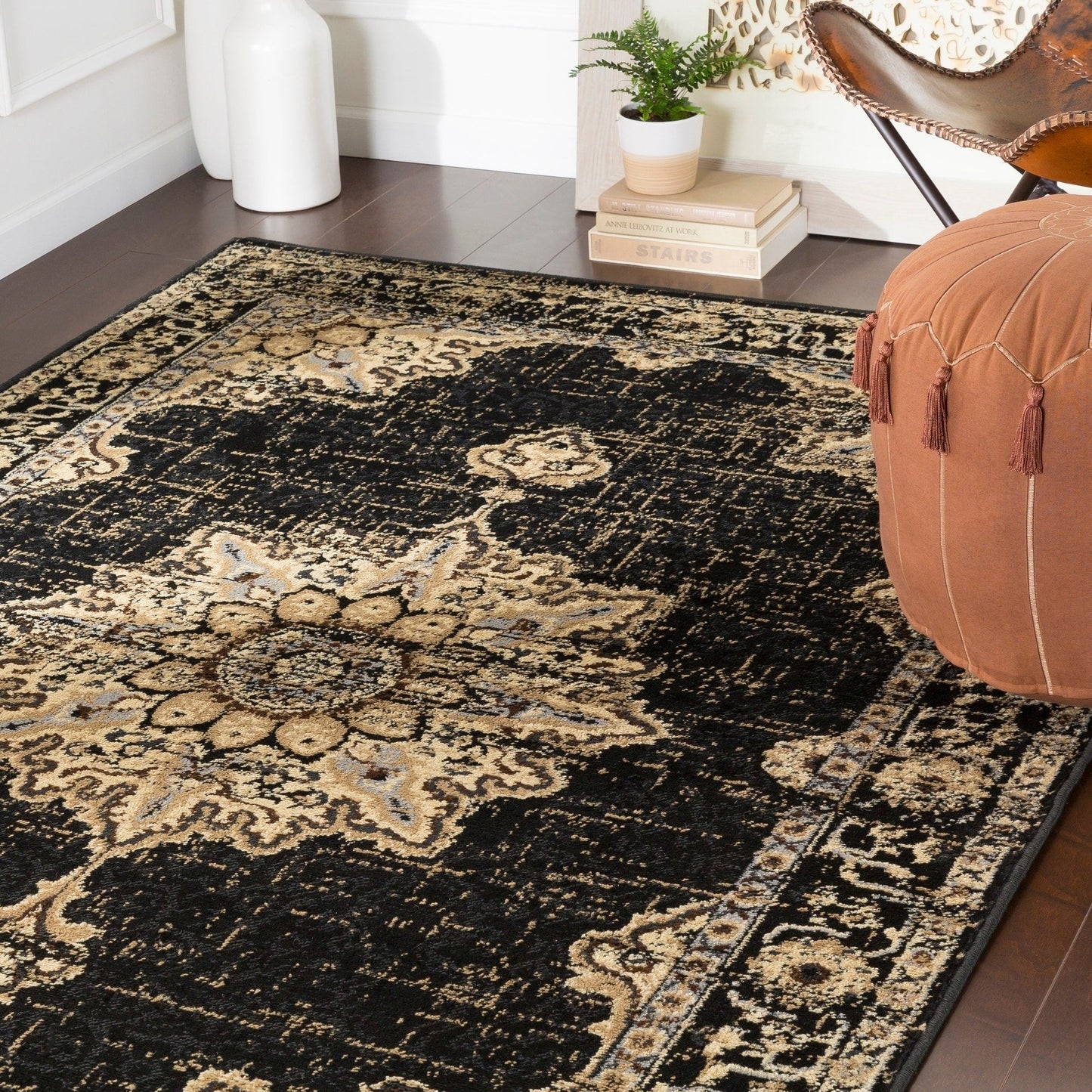 Traditional Medallion Distressed Black Beige Area Rug