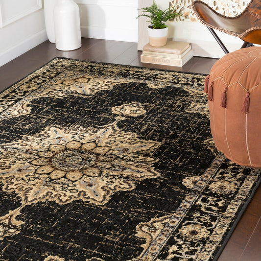 Traditional Medallion Distressed Black Beige Area Rug