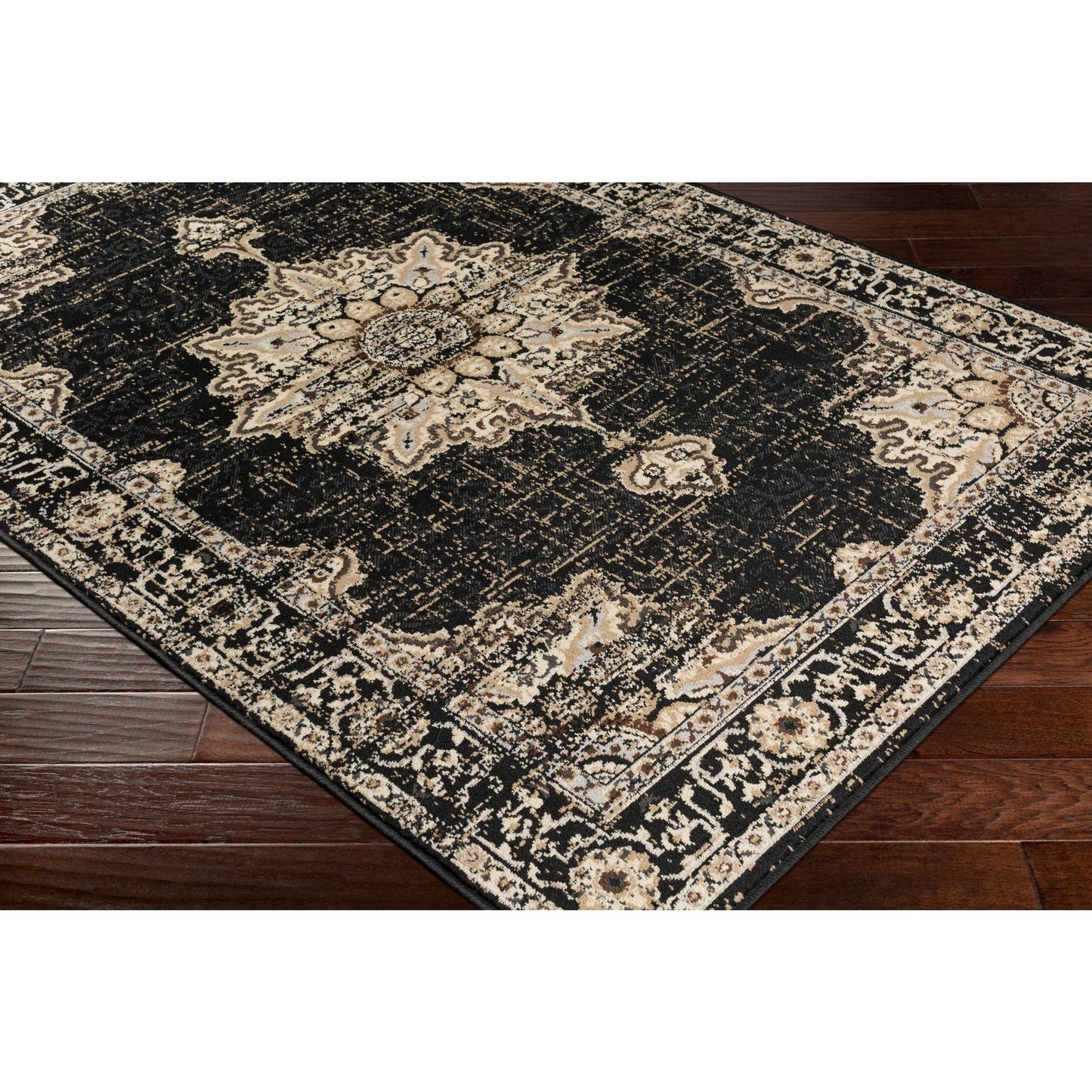 Traditional Medallion Distressed Black Beige Area Rug