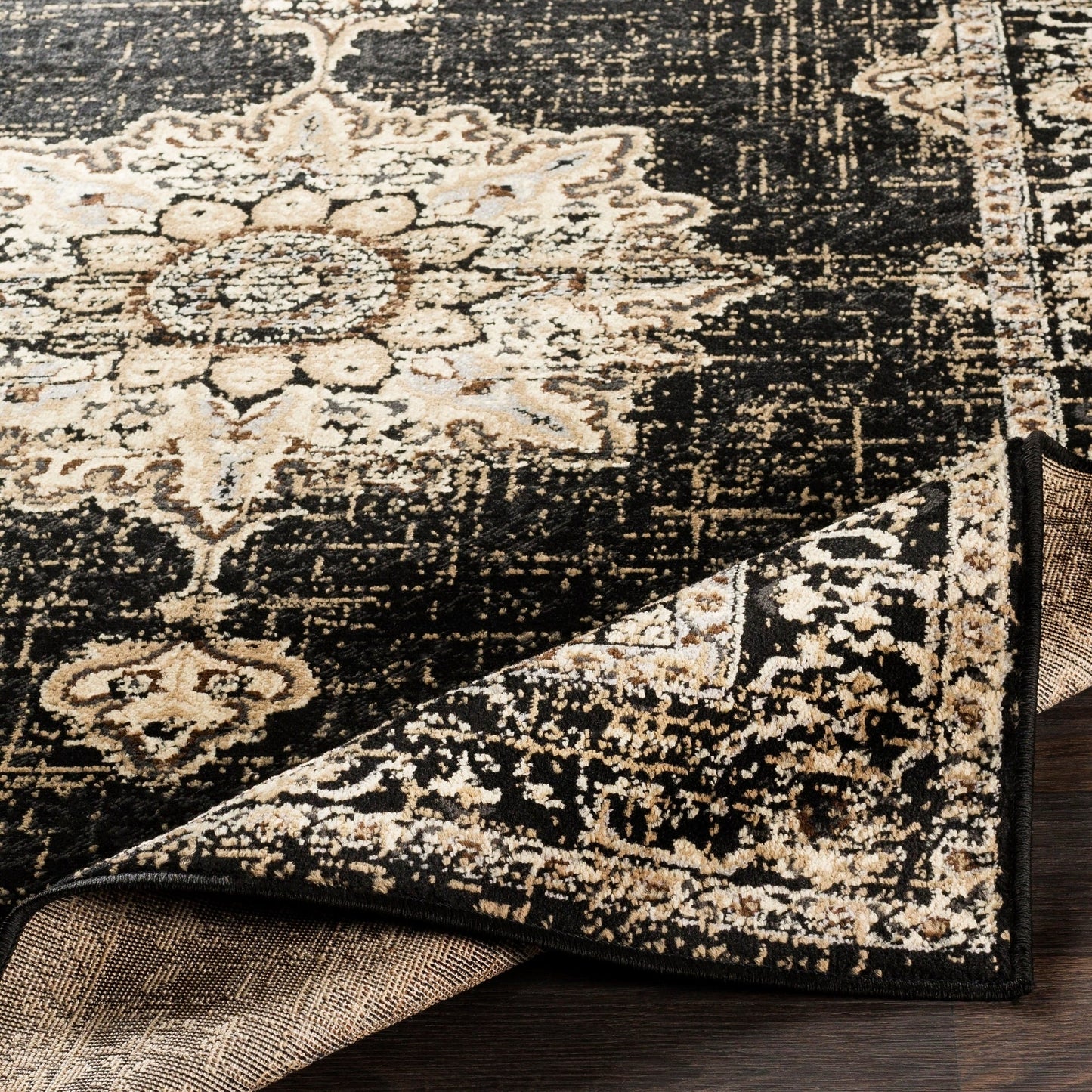 Traditional Medallion Distressed Black Beige Area Rug