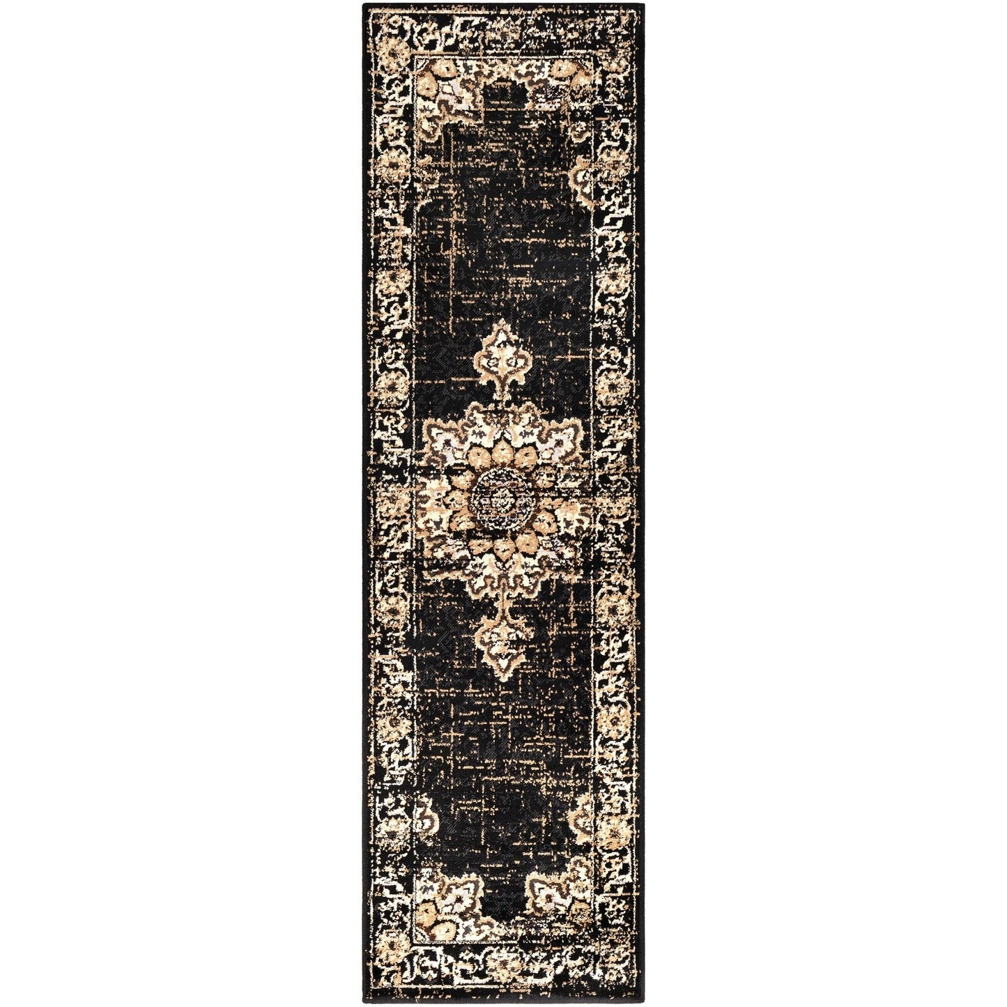 Traditional Medallion Distressed Black Beige Area Rug