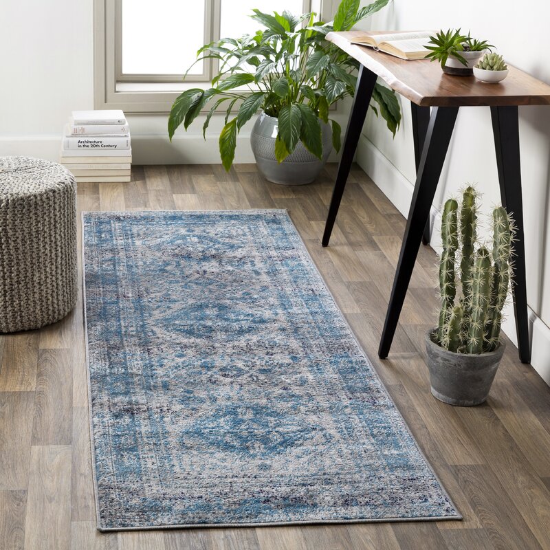 Oriental Distressed Persian Pattern Sky Blue Light Gray Soft Area Rug