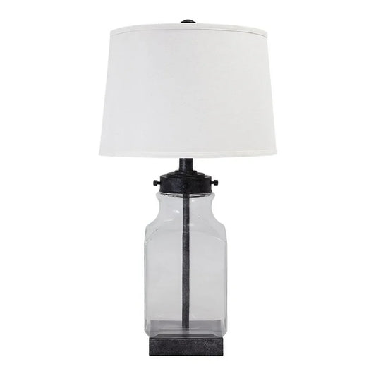 Smoky Glass Frame Table Lamp with Fabric Shade, Light Gray and Clear