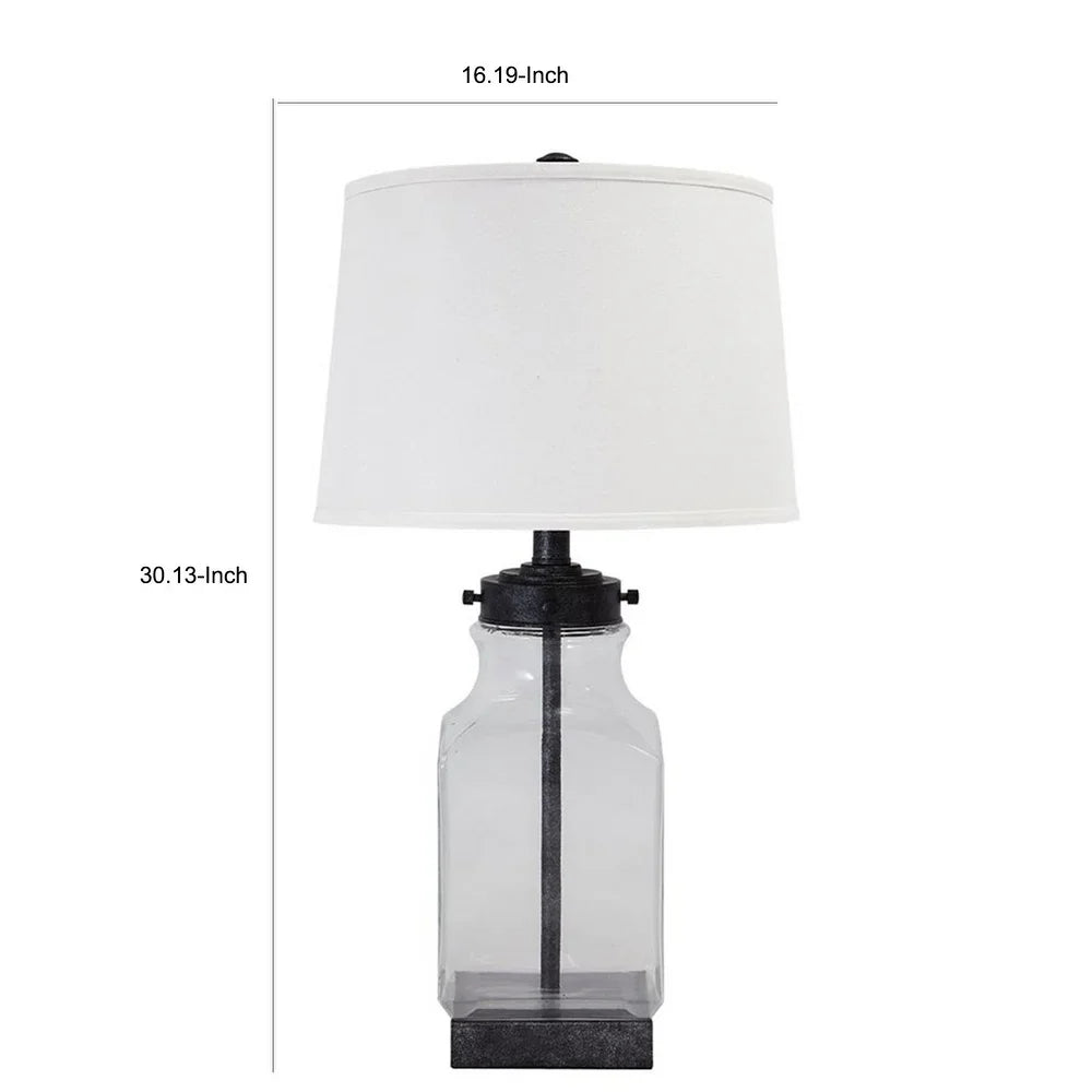 Smoky Glass Frame Table Lamp with Fabric Shade, Light Gray and Clear