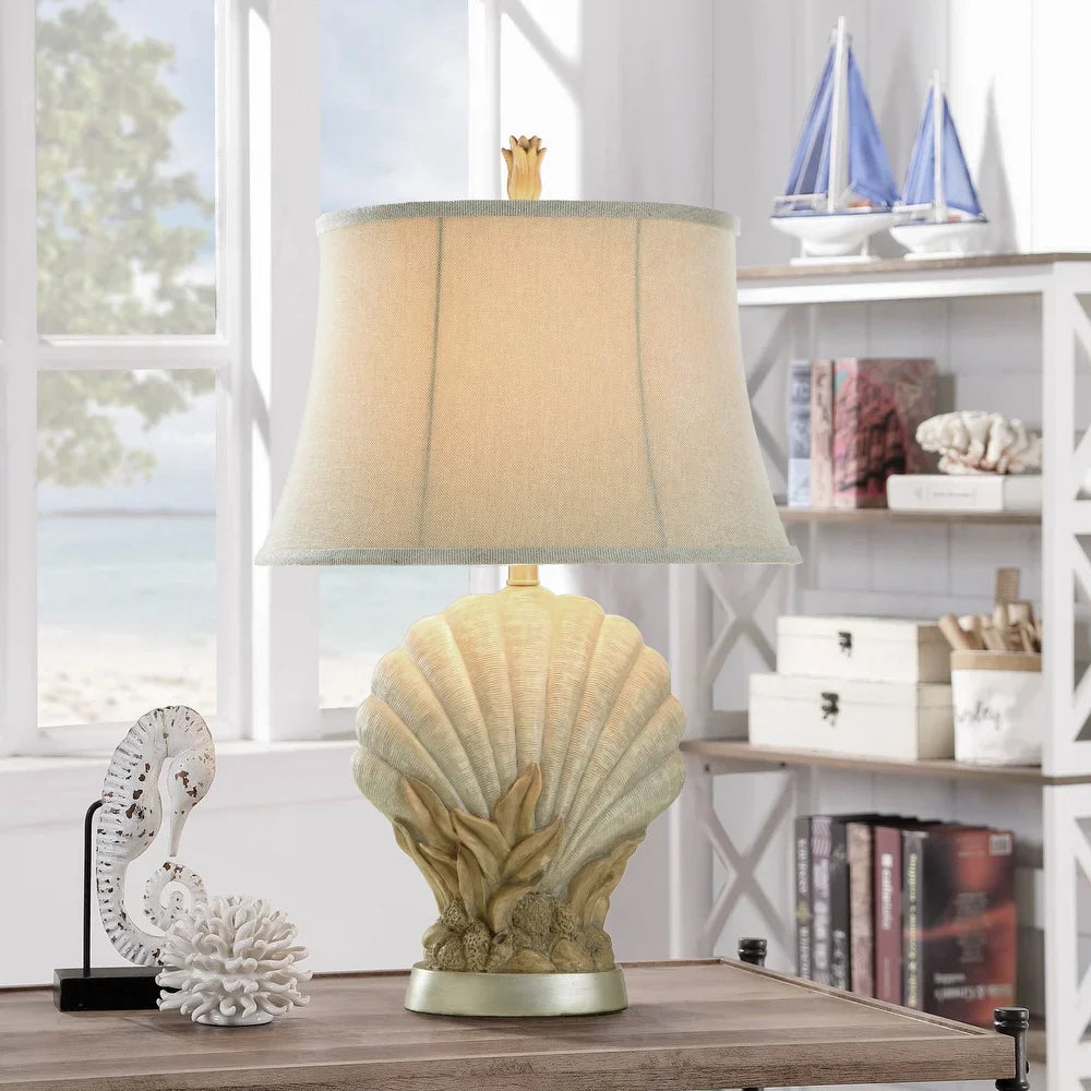 StyleCraft Avoca Beach Sandstone Table Lamp - White Softback Fabric Shade