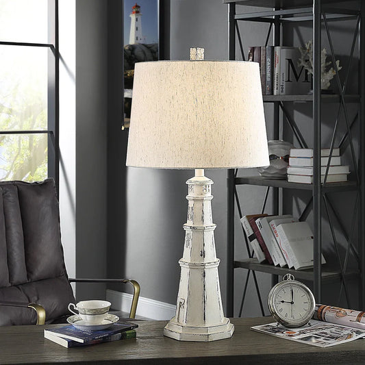 Distressed White Light House Table Lamp with Oatmeal Tapered Drum Shade