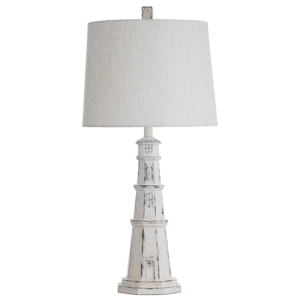 Distressed White Light House Table Lamp with Oatmeal Tapered Drum Shade