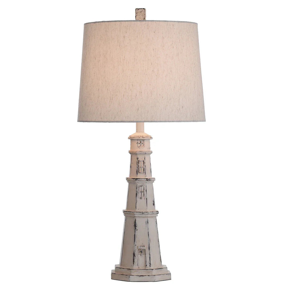 Distressed White Light House Table Lamp with Oatmeal Tapered Drum Shade