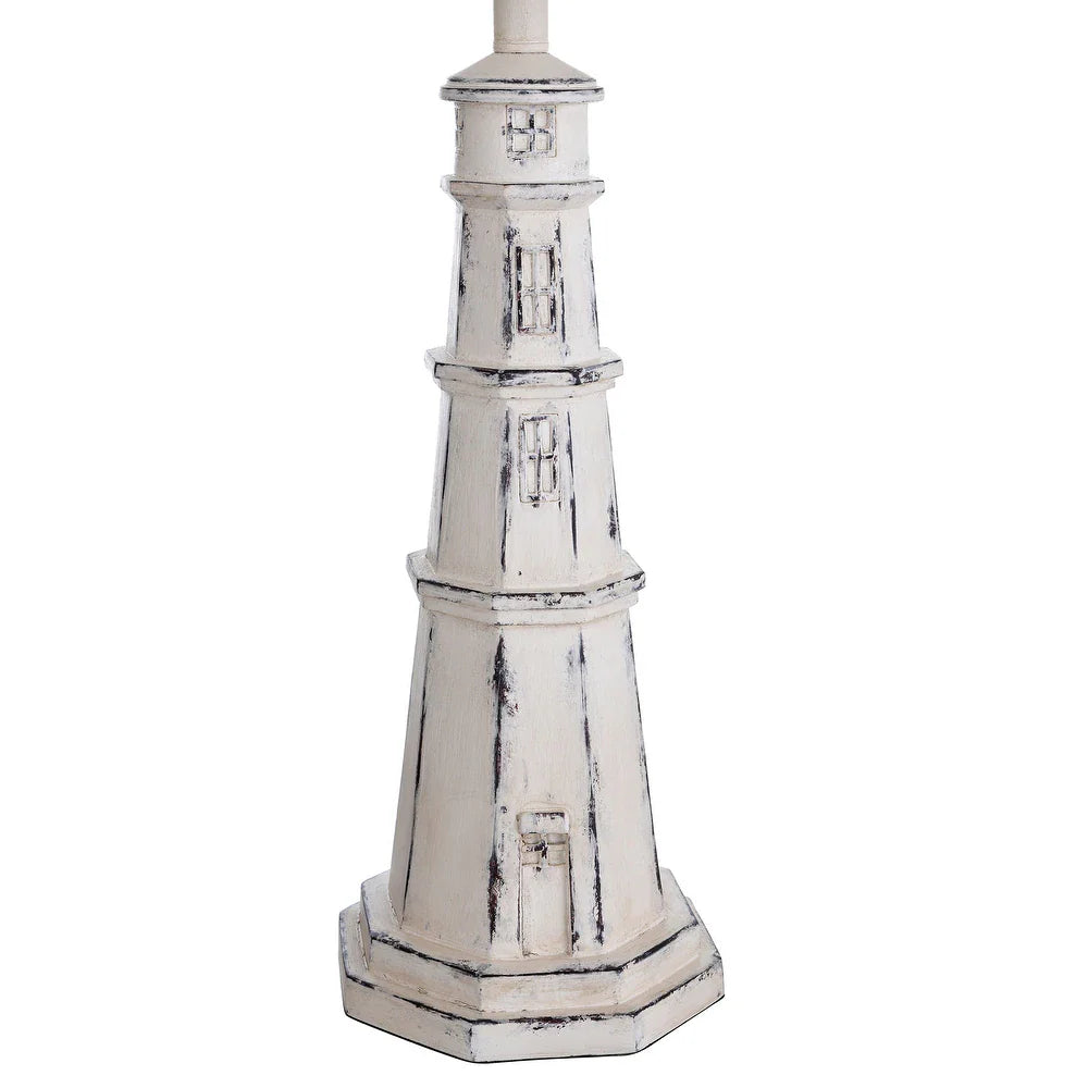 Distressed White Light House Table Lamp with Oatmeal Tapered Drum Shade