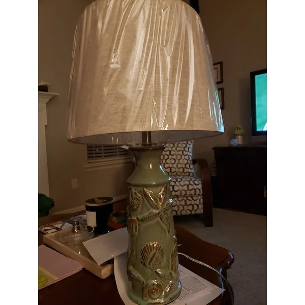 StyleCraft Blue Bay Ceramic Table Lamp - Beige Hardback Fabric Shade