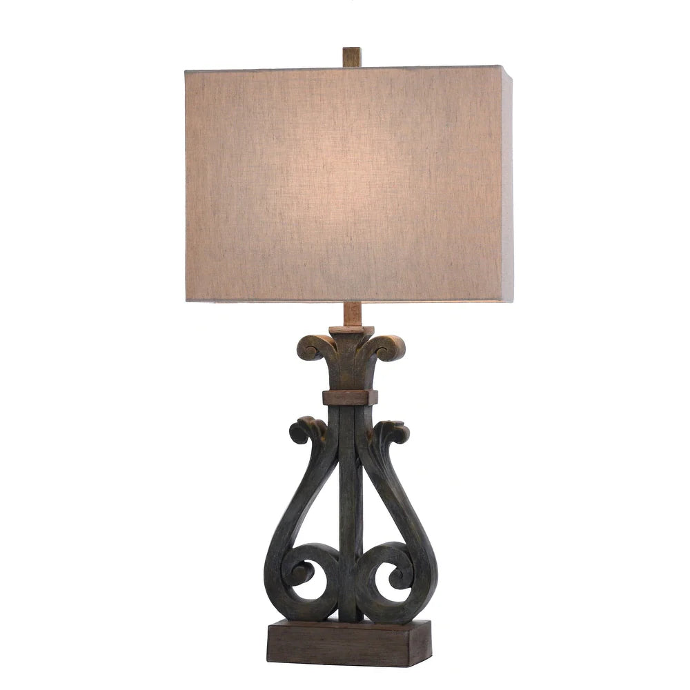 StyleCraft Brampton Distressed Blue Open Scroll Design Table Lamp with Oatmeal Rectangle Shade