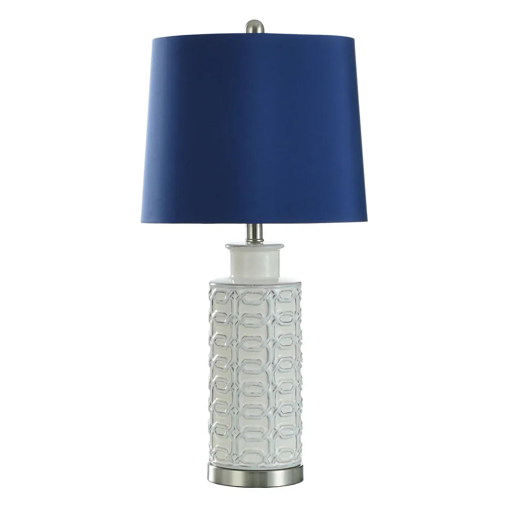 StyleCraft Cream Link Octagon Pattern Column Table Lamp - Blue Drum Shade