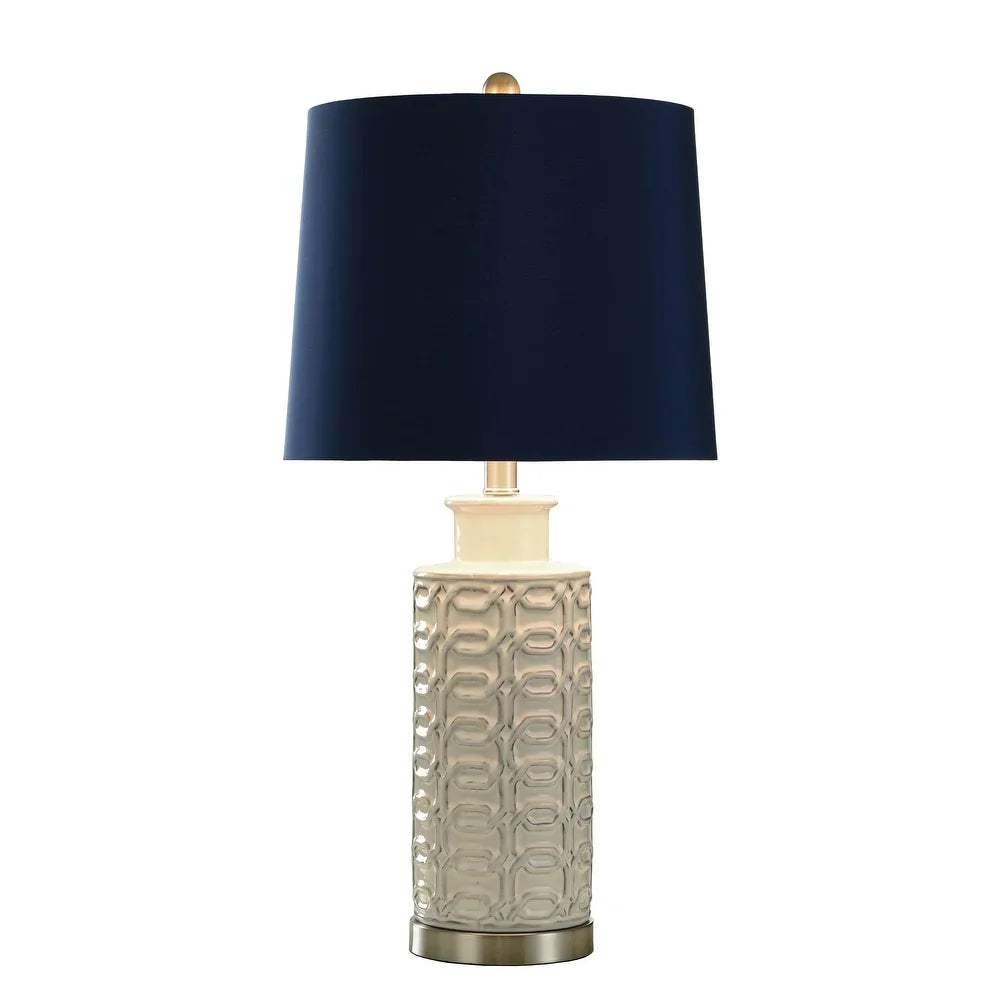 StyleCraft Cream Link Octagon Pattern Column Table Lamp - Blue Drum Shade