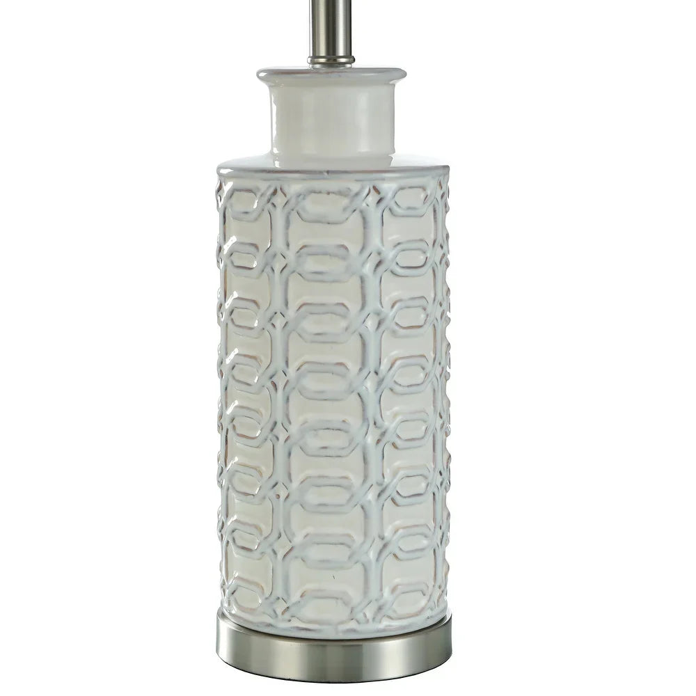 StyleCraft Cream Link Octagon Pattern Column Table Lamp - Blue Drum Shade