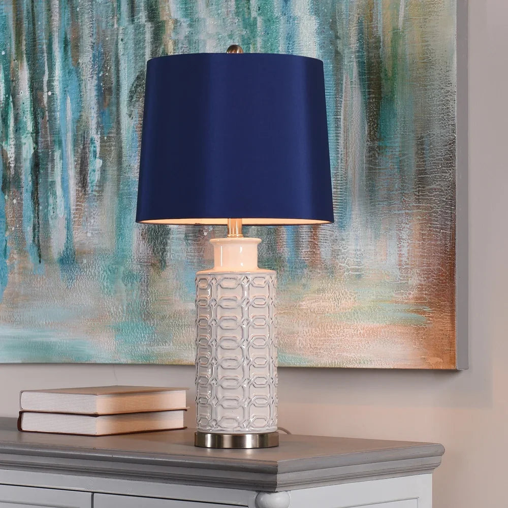 StyleCraft Cream Link Octagon Pattern Column Table Lamp - Blue Drum Shade