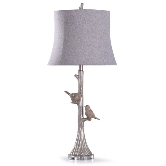 StyleCraft Galah Silver Carved Two Birds Table Lamp with Clear Crystal Detail and Gray Empire Shade