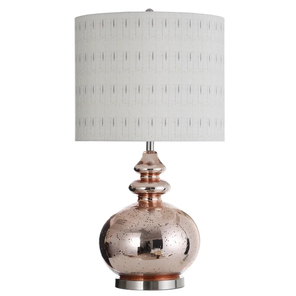 StyleCraft Gemvara Rose Gold Table Lamp - Beige Designer Print Hardback Fabric Shade