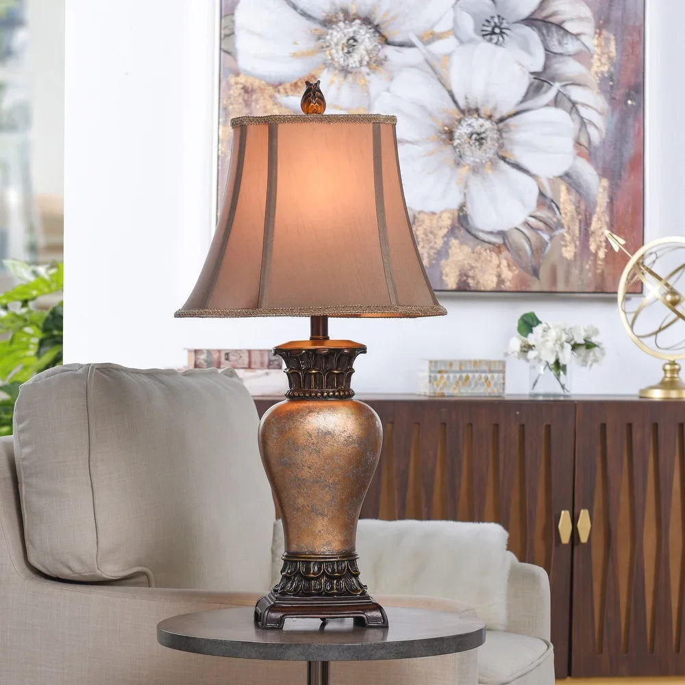 StyleCraft Gold and Amber Table Lamp - Taupe Fabric Shade