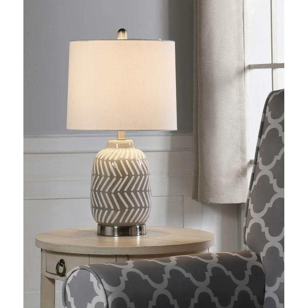 StyleCraft Grey and White Ceramic and Metal Table Lamp with Round Hardback Shade