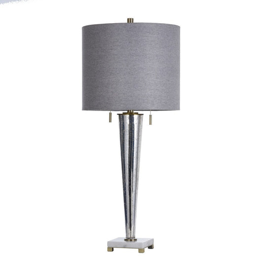 StyleCraft Jasper Chrome Transitional Pillar Design Glass Body Table Lamp with Light Grey Fabric Shade