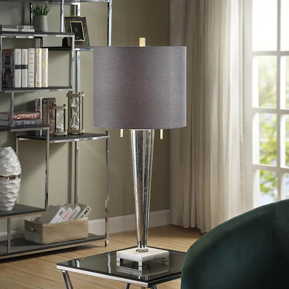 StyleCraft Jasper Chrome Transitional Pillar Design Glass Body Table Lamp with Light Grey Fabric Shade