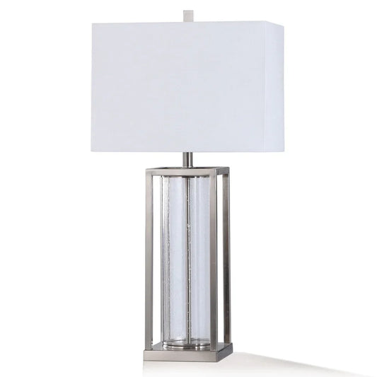 StyleCraft Silas Clear Seeded Glass with Brushed Steel Metal Table Lamp