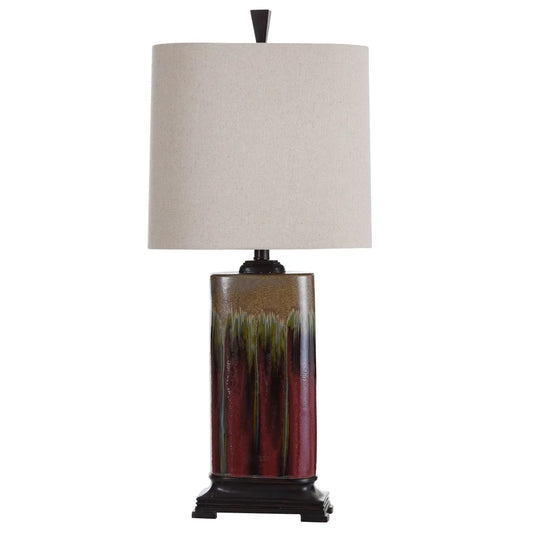 StyleCraft Tandoori Spice and Arabic Ceramic Dark Red And Tan Glaze Table Lamp - White Fabric Shade