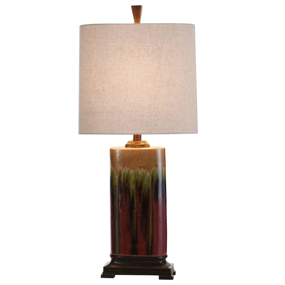 StyleCraft Tandoori Spice and Arabic Ceramic Dark Red And Tan Glaze Table Lamp - White Fabric Shade