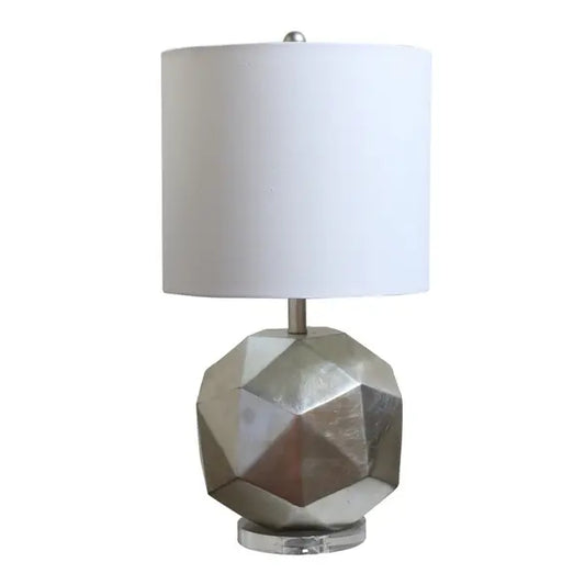 Silver Foiled Frame Table Lamp With a White Linen Drum Shade