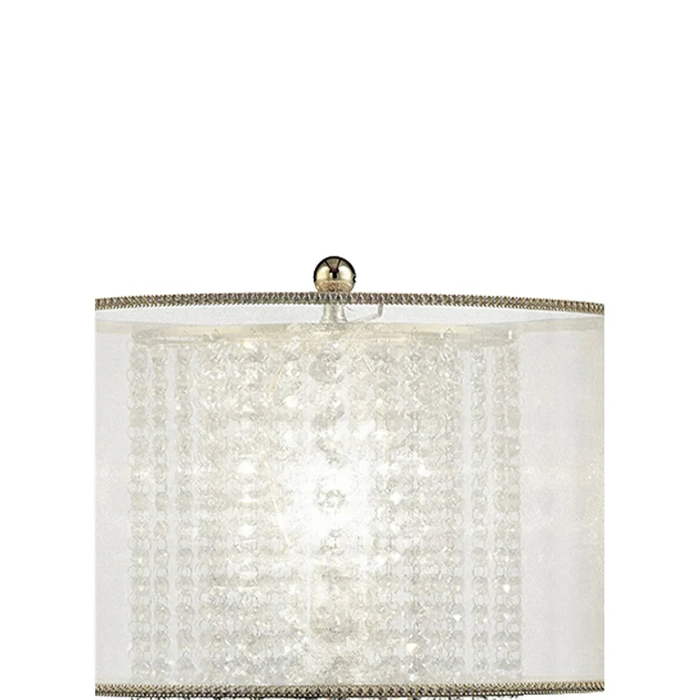 Table Lamp with Hanging Crystal Accents, White and Gold